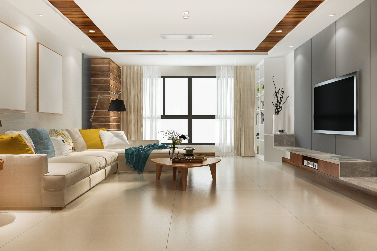 3d rendering loft luxury living room with bookshelf near bookshelf 1 scaled
