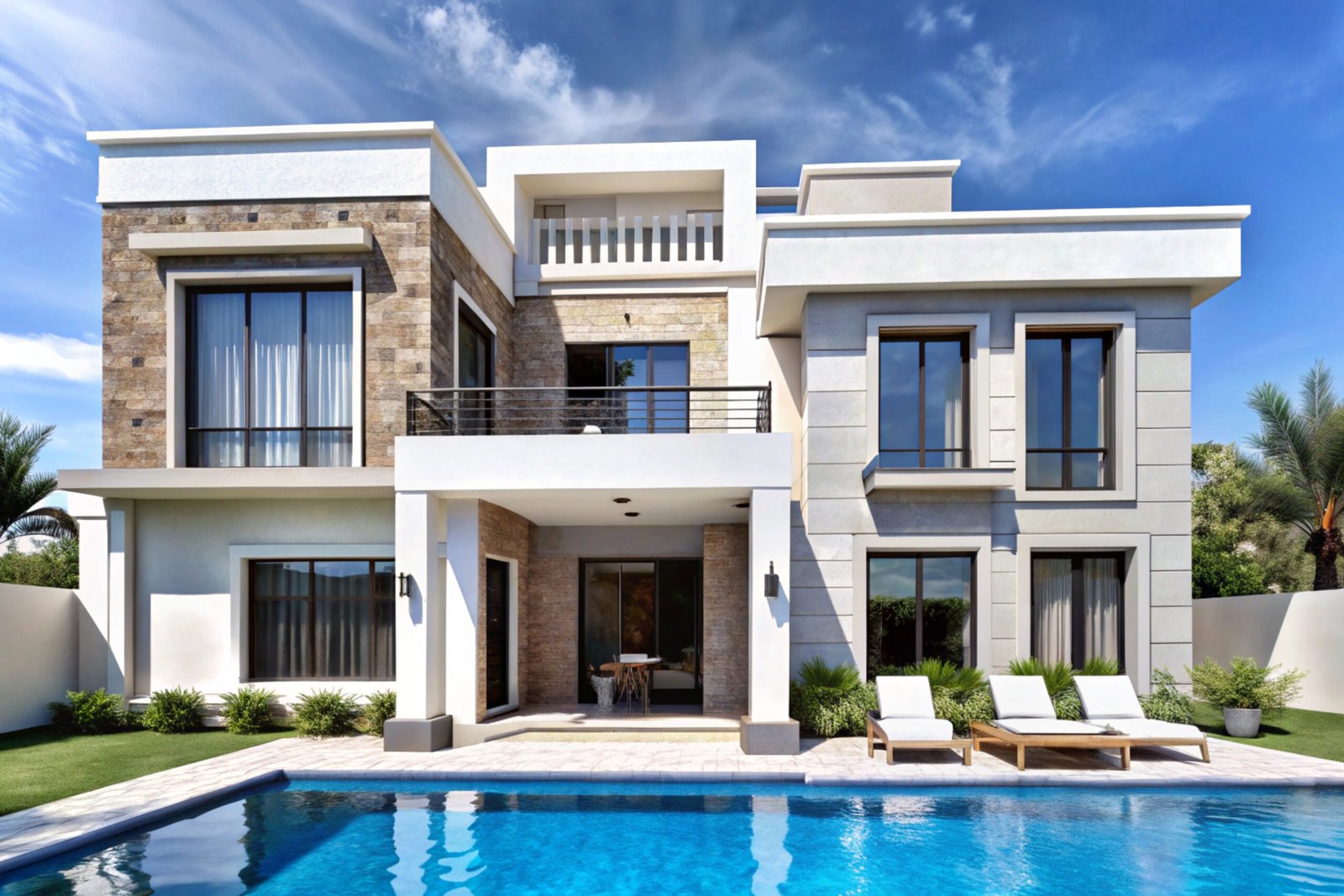 large house with pool pool with blue sky patio scaled